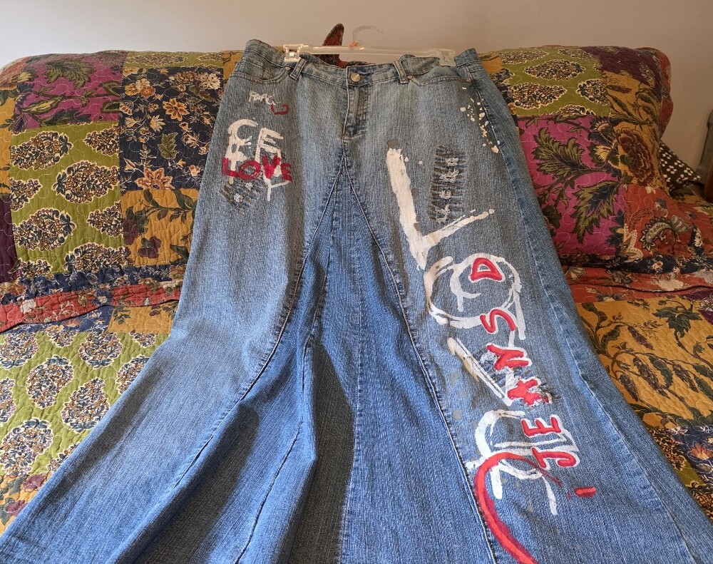NWOT Drama Vintage Wide Flare Painted Blue Denim Skirt